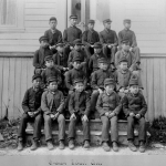 Metlakatla Indian Residential School, group of students posing on outside steps, date unknown