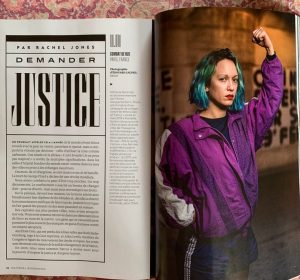 Marguerite Stern featured in the print version of the January 2021 National Geographic Magazine (France) to illustrate the word Justice. 