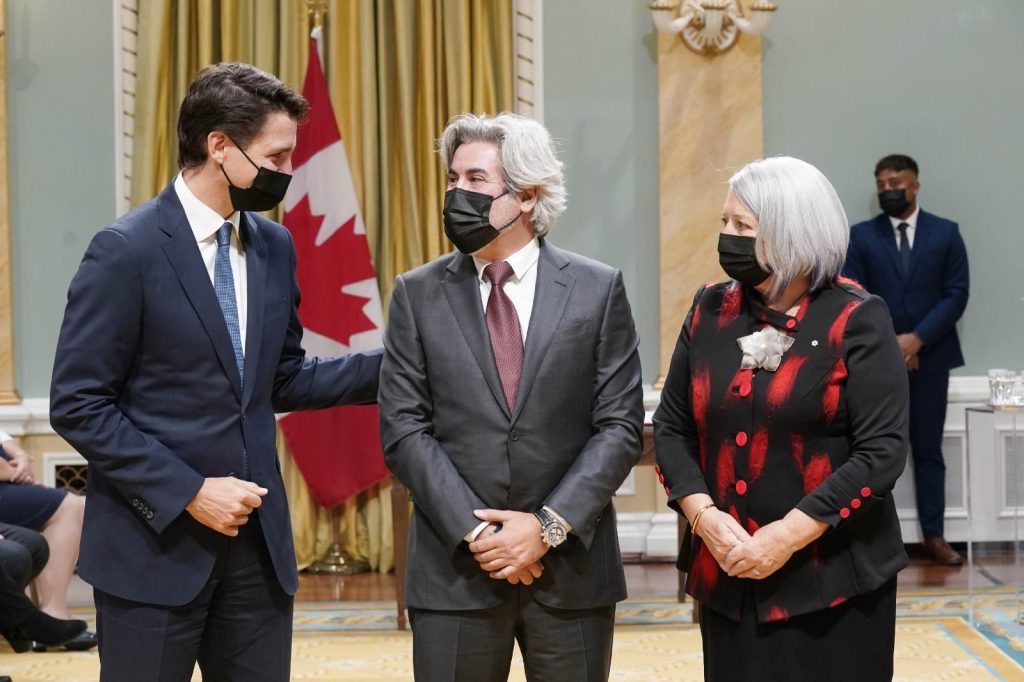 Canadian PM Justin Trudeau, Canadian Heritage minister Pablo Rodriguez, Gov. Gen. Mary Simon at cabinet swearing-in ceremony. 