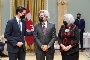 Canadian PM Justin Trudeau, Canadian Heritage minister Pablo Rodriguez, Gov. Gen. Mary Simon at cabinet swearing-in ceremony.